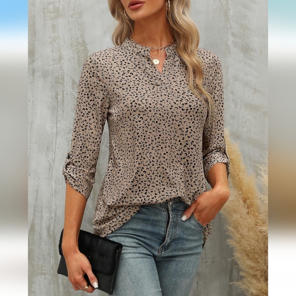 Zattcas Womens Floral Printed Tunic Shirts 3/4 Roll Sleeve Notch Neck Tunic Top